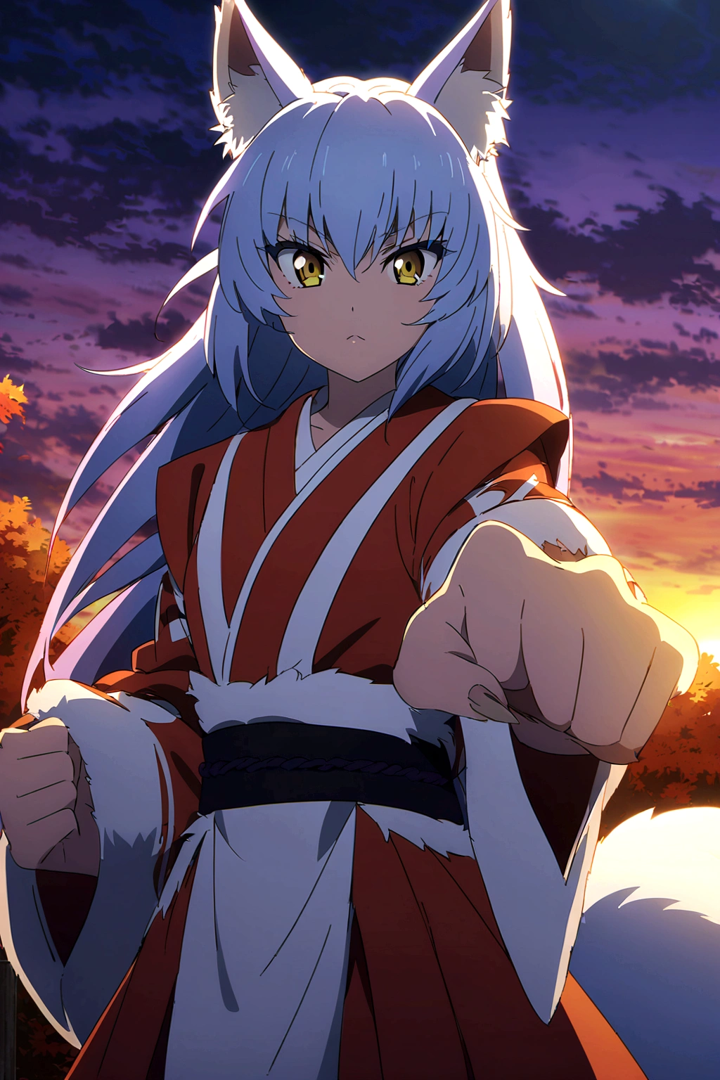 fox Light blue hair beast girl indigo fur fox beast girl Sesshomaru, Yellow eyes, Anime, Perfect face, Perfect Lighting, Outdoors, Warm colors, Dark purple sky, Autumn sunset, \(inuyasha\), Bearing Claw, Ready to fight