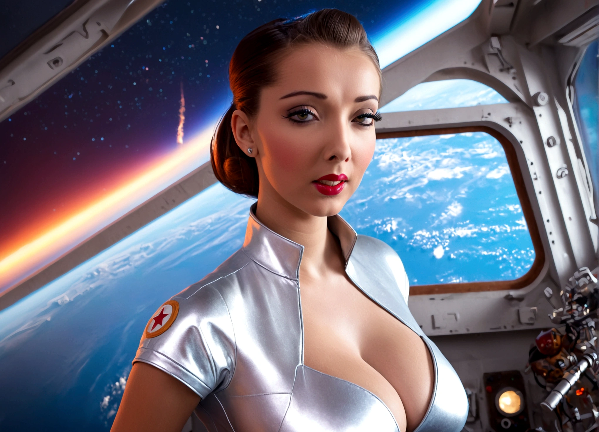 A sexy female space captain in a 50s-styled space outfit piloting her rocket with blinking controls and bright lights, highly detailed, photorealistic, 8k, hyper-realistic, extremely detailed, ultra-detailed, masterpiece, detailed eyes, detailed lips, long eyelashes, muscular, confident expression, dramatic lighting, neon colors, intricate ship interior, glowing displays, metallic textures, shiny surfaces, dynamic pose, cinematic angle