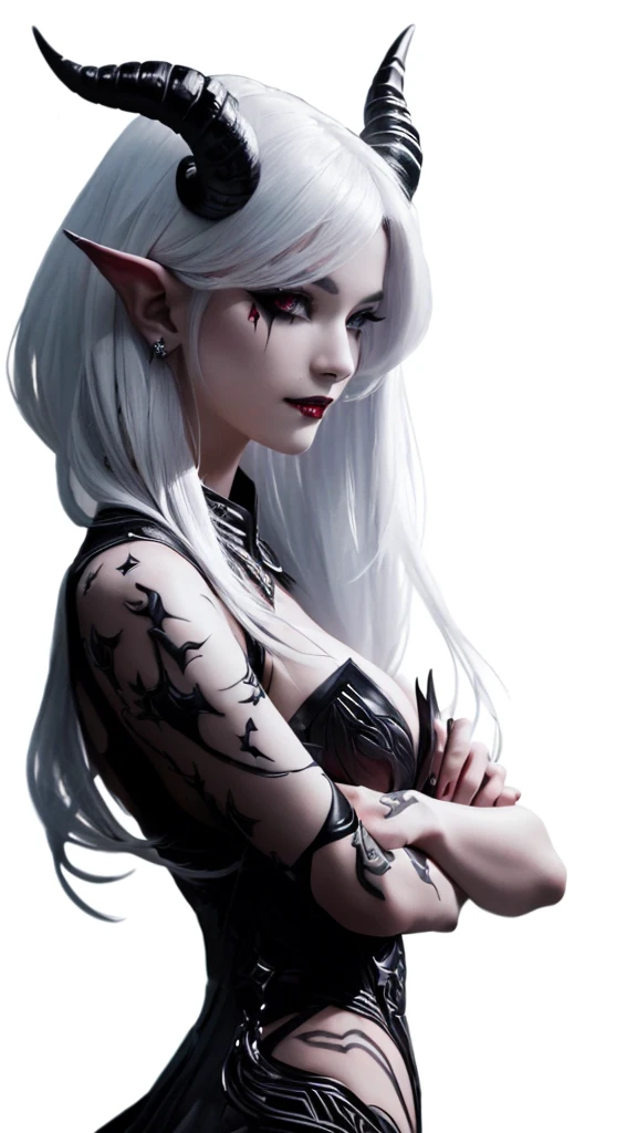 a demon with horns and white hair is posing for a picture, female succubus, a demon, demonic skin, necrotic demon skin, hyperdetailed fantasy character, dark demon succubus, portrait of an demon queen, demon princess, of an elden ring demon, demon character with smirk, demon, demon queen, complex fantasy character, side portrait of demon royalty
Es