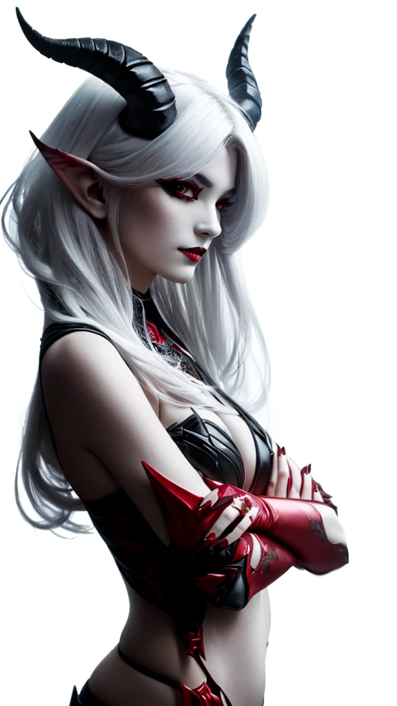 a demon with horns and white hair is posing for a picture, female succubus, a demon, demonic skin, necrotic demon skin, hyperdetailed fantasy character, dark demon succubus, portrait of an demon queen, demon princess, of an elden ring demon, demon character with smirk, demon, demon queen, complex fantasy character, side portrait of demon royalty
Es