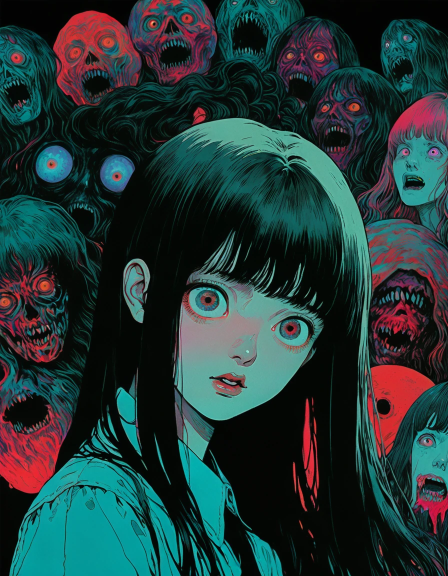 illust、art、from 80s horror movie, directed by Junji Ito、eyeball、nightmare、anxiety、high detail, realsitic shadow、Analog style, vhs style, 8mm film, chromatic aberration, Dvd screengrab、Surrealism
