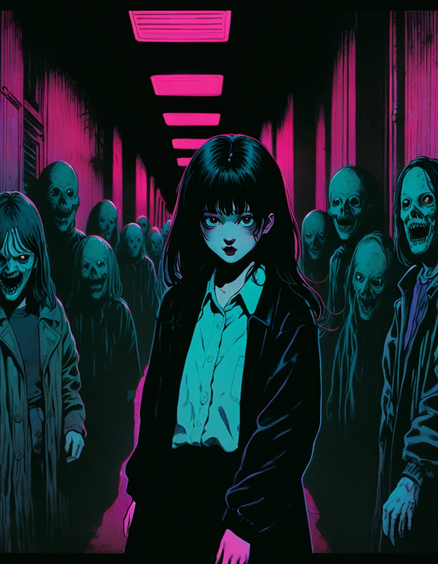 illust、art、from 80s horror movie, directed by Junji Ito、darkness、Alley、nightmare、anxiety、high detail, realsitic shadow、Analog style, vhs style, 8mm film, chromatic aberration, Dvd screengrab、Surrealism