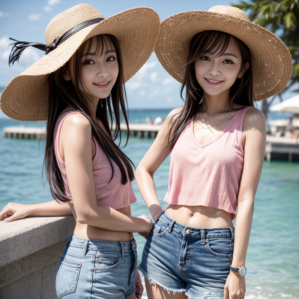 32 year old girl, very thin, with mini Texan brim, posing for photo, on the seafront in summer, with a pink top, smiling, dark black hair, light brown eyes
