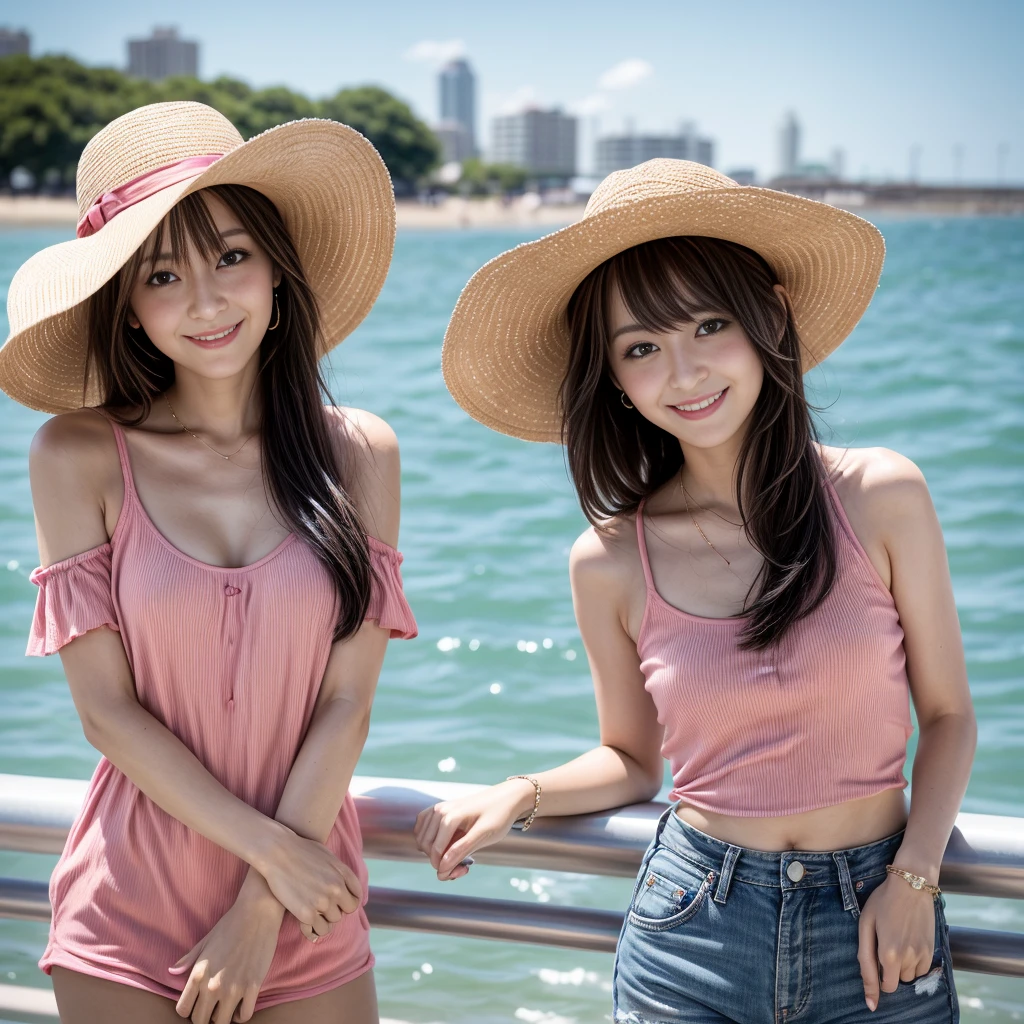32 year old girl, very thin, with mini Texan brim, posing for photo, on the seafront in summer, with a pink top, smiling, dark black hair, light brown eyes