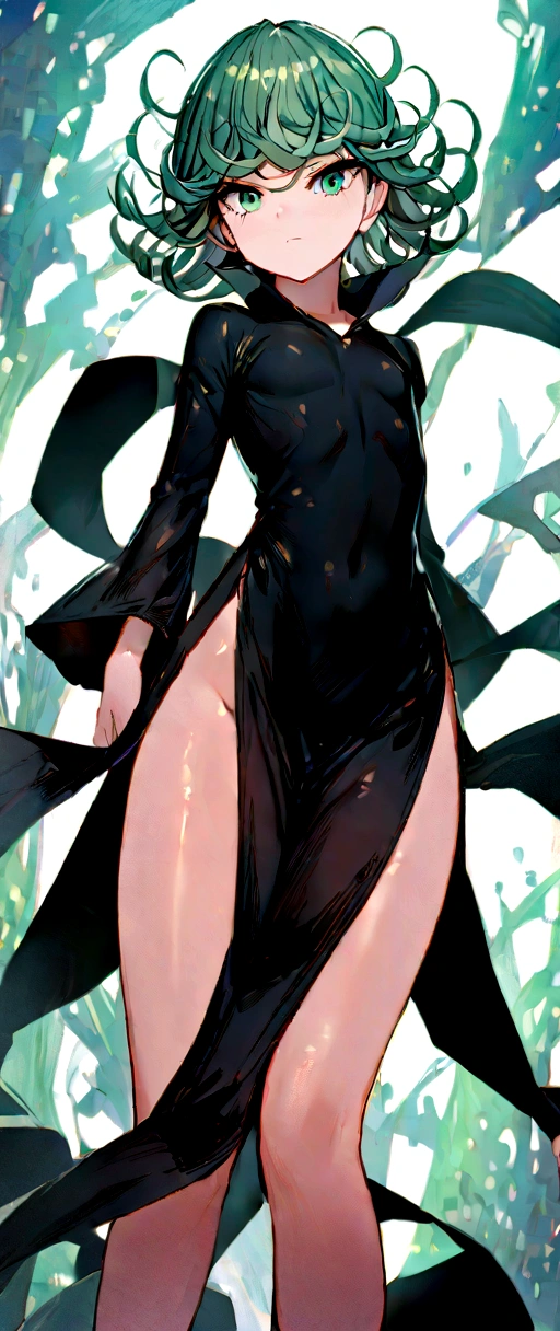 (((pixel-perfect, detail-perfect))), solo, 1girl,  tatsumaki, black dress, looking at viewer, closed mouth,tight dress, standing in sexy pose,half body view 