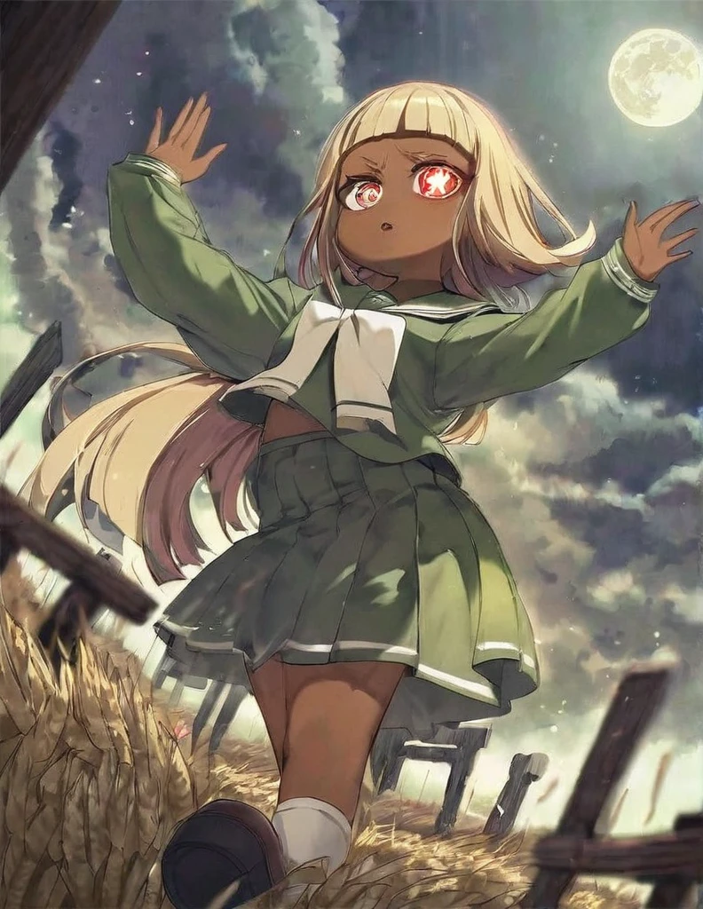 Highest quality, masterpiece, Ultra-high resolution, One girl,
blondes、Smooth Hair、Two-tone hair、Bobcut、Red Eyes、Sparkling Eyes、Detailed eyes、Slanted Eyes、Tanned, wheat-colored skin、Brown Skin、Traditional deep green sailor suit、White socks、loafers、whole body、Low - Angle、Fanning angles、Fantastic scene、Standing with your legs apart、Arms crossed、Confident expression、The full moon appears to be the same size as the large white body、god々Cool atmosphere、A ruined world、White Moon