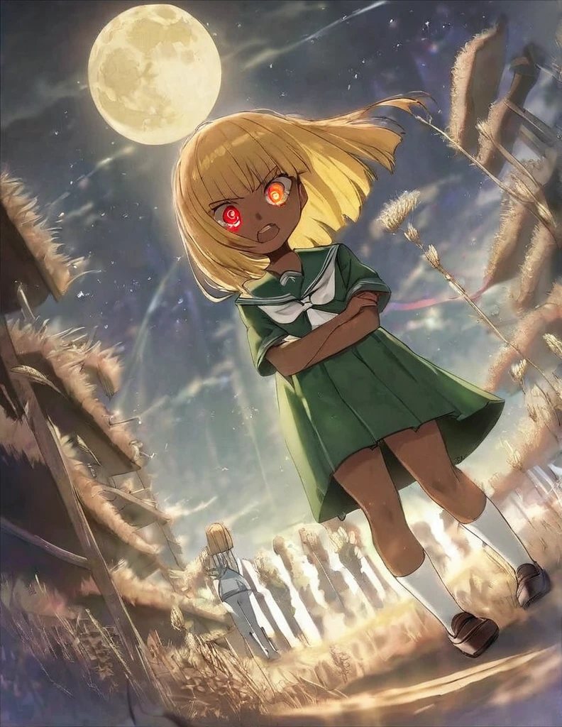 Highest quality, masterpiece, Ultra-high resolution, One girl,

blondes、Smooth Hair、Two-tone hair、Bobcut、Red Eyes、Sparkling Eyes、Detailed eyes、Slanted Eyes、Tanned, wheat-colored skin、Brown Skin、Traditional deep green sailor suit、White socks、loafers、whole body、Low - Angle、Fanning angles、Fantastic scene、Standing with your legs apart、Arms crossed、Confident expression、The full moon appears to be the same size as the large white body、god々Cool atmosphere、A ruined world、White Moon