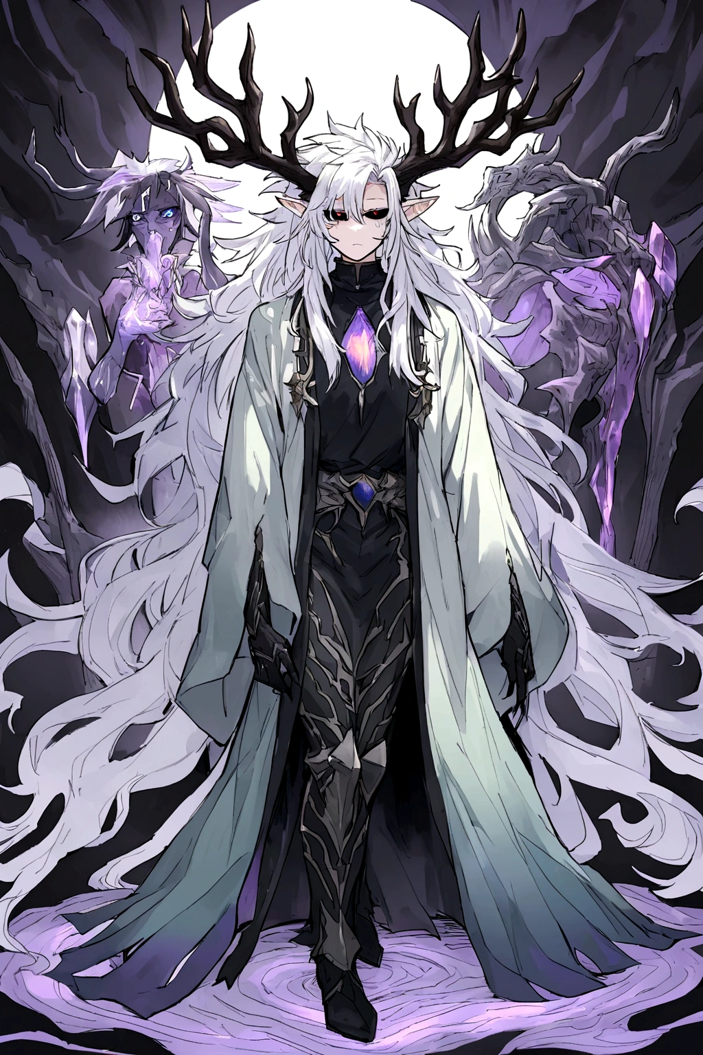 Solo, male teen, Character fusion: Nibelung fused with nidhoggr, odin and sun wukong, tall tanned man with wild unruly white hair, bangs on face, bangs, ((iridescent irises)), black sclera on eyes, long voluminous hair, spiky hair, pointy ears, fit , clawed fingers, dragon tail, open haori, turtleneck tanktop, dark crystal antlers, exhausted expression, khaenr'ah abyss, draconic person, s9vereign of the abyss, calamity incarnate,  full body
