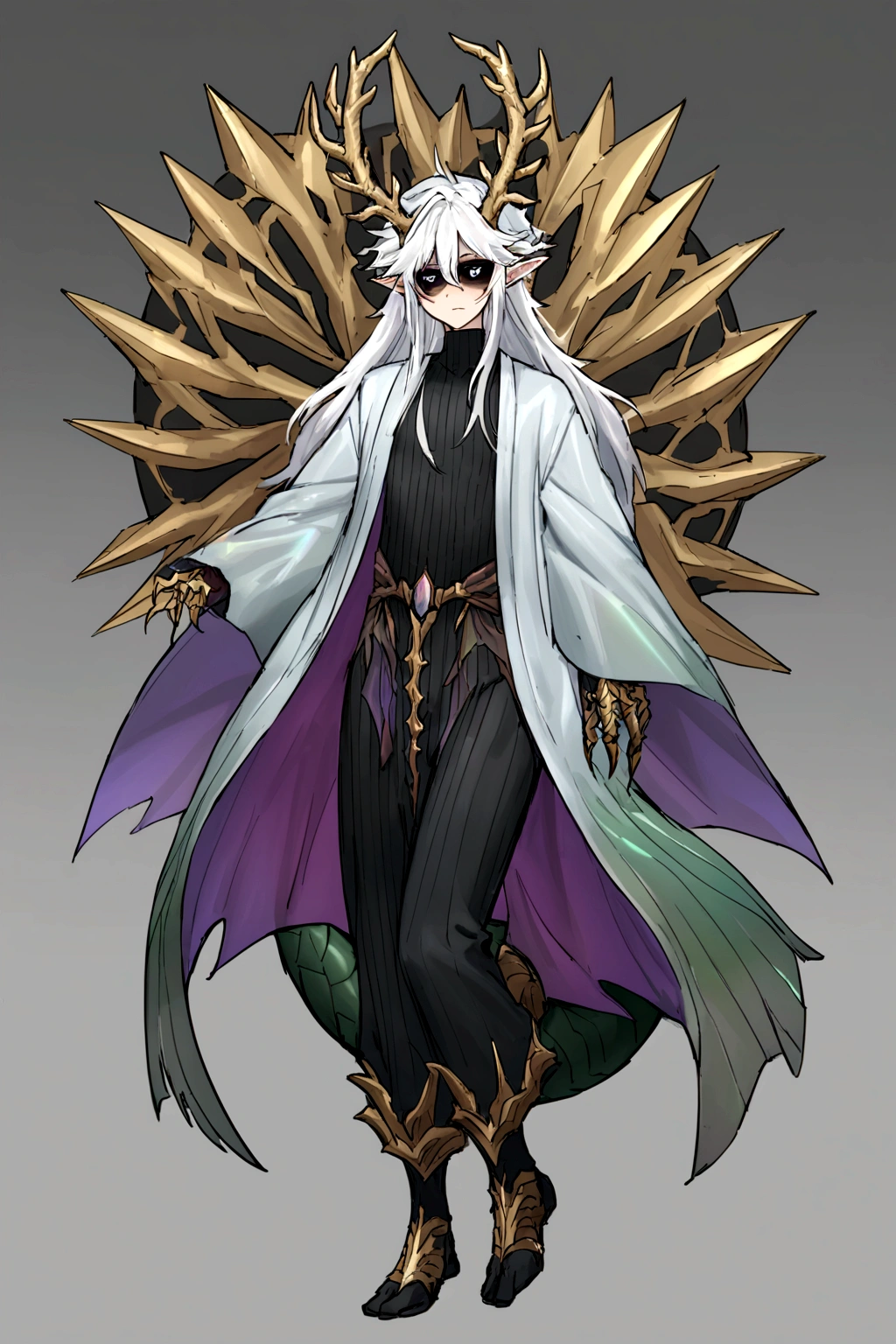 Solo, male teen, Character fusion: Nibelung fused with nidhoggr, odin and sun wukong, tall tanned man with wild unruly white hair, bangs on face, bangs, ((iridescent irises)), black sclera on eyes, long voluminous hair, spiky hair, pointy ears, fit , clawed fingers, dragon tail, open haori, turtleneck tanktop, dark crystal antlers, exhausted expression, khaenr'ah abyss, draconic person, s9vereign of the abyss, calamity incarnate, full body