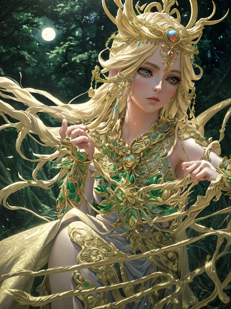A beautiful detailed goddess Artemis from Saint Seiya, with extremely detailed eyes and face, long eyelashes, wearing an intricate elegant goddess dress in a lush forest background, with a magical atmosphere and dramatic lighting, in a cinematic composition, fantasy digital art, photorealistic, (best quality,4k,8k,highres,masterpiece:1.2),ultra-detailed,(realistic,photorealistic,photo-realistic:1.37),HDR,UHD,studio lighting,ultra-fine painting,sharp focus,physically-based rendering,extreme detail description,professional,vivid colors,bokeh, luna goddess, moon in the sky, lunar scepter