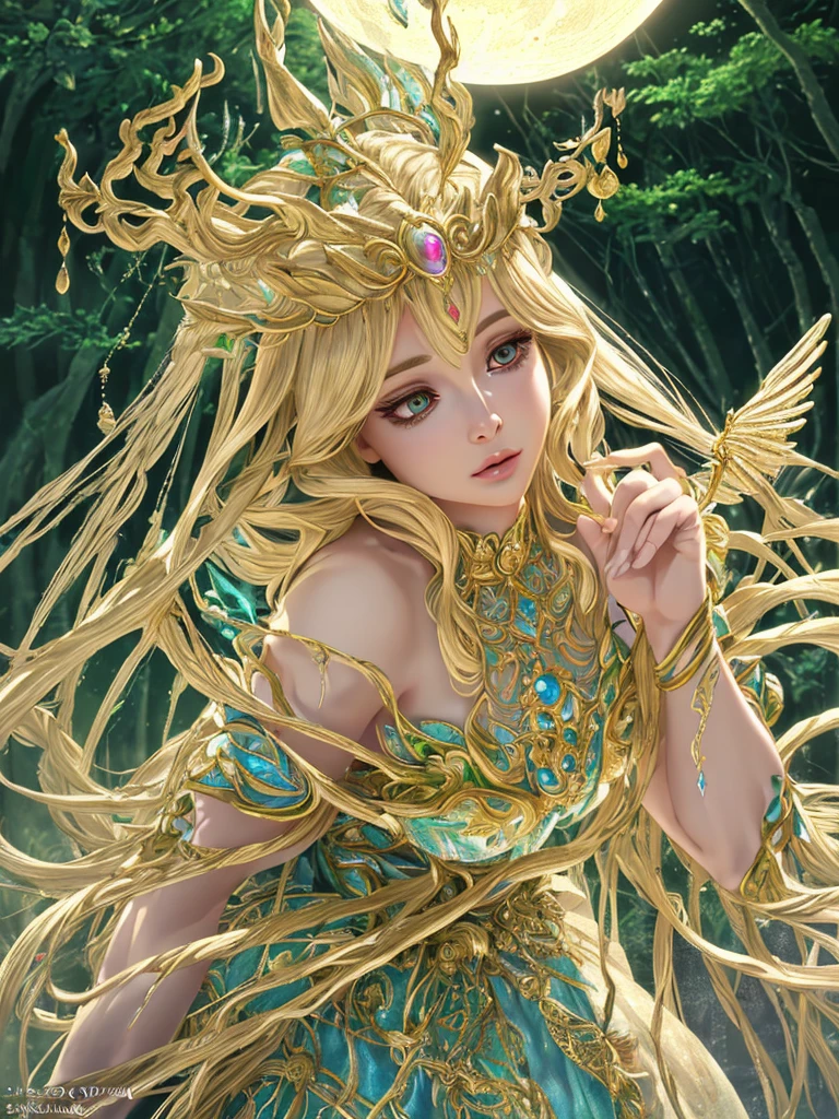 A beautiful detailed goddess Artemis from Saint Seiya, with extremely detailed eyes and face, long eyelashes, wearing an intricate elegant goddess dress in a lush forest background, with a magical atmosphere and dramatic lighting, in a cinematic composition, fantasy digital art, photorealistic, (best quality,4k,8k,highres,masterpiece:1.2),ultra-detailed,(realistic,photorealistic,photo-realistic:1.37),HDR,UHD,studio lighting,ultra-fine painting,sharp focus,physically-based rendering,extreme detail description,professional,vivid colors,bokeh, luna goddess, moon in the sky, lunar scepter