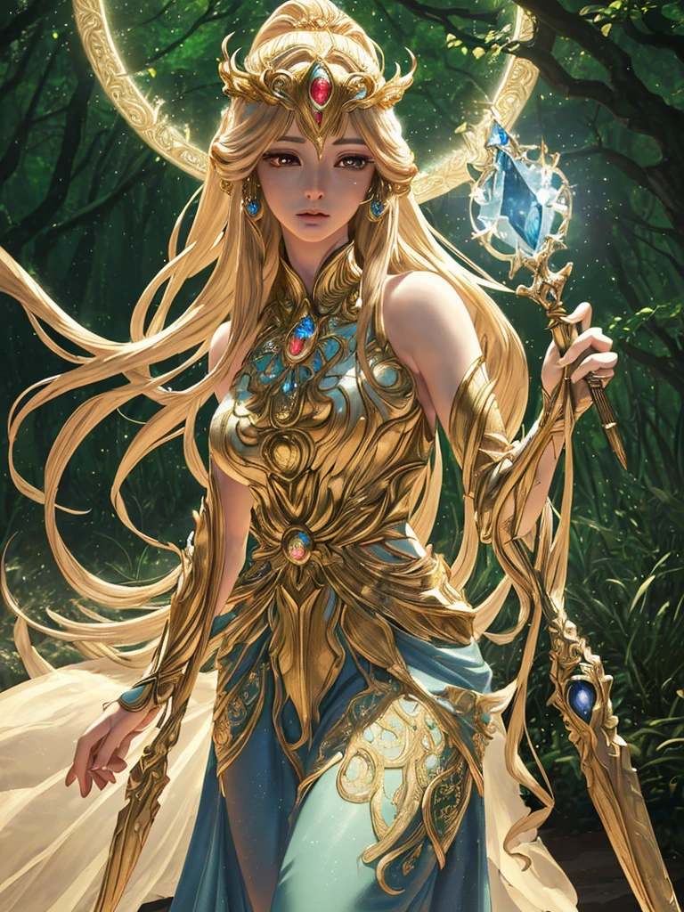 A beautiful detailed goddess Artemis from Saint Seiya, with extremely detailed eyes and face, long eyelashes, wearing an intricate elegant goddess dress in a lush forest background, with a magical atmosphere and dramatic lighting, in a cinematic composition, fantasy digital art, photorealistic, (best quality,4k,8k,highres,masterpiece:1.2),ultra-detailed,(realistic,photorealistic,photo-realistic:1.37),HDR,UHD,studio lighting,ultra-fine painting,sharp focus,physically-based rendering,extreme detail description,professional,vivid colors,bokeh, luna goddess, moon in the sky, lunar scepter