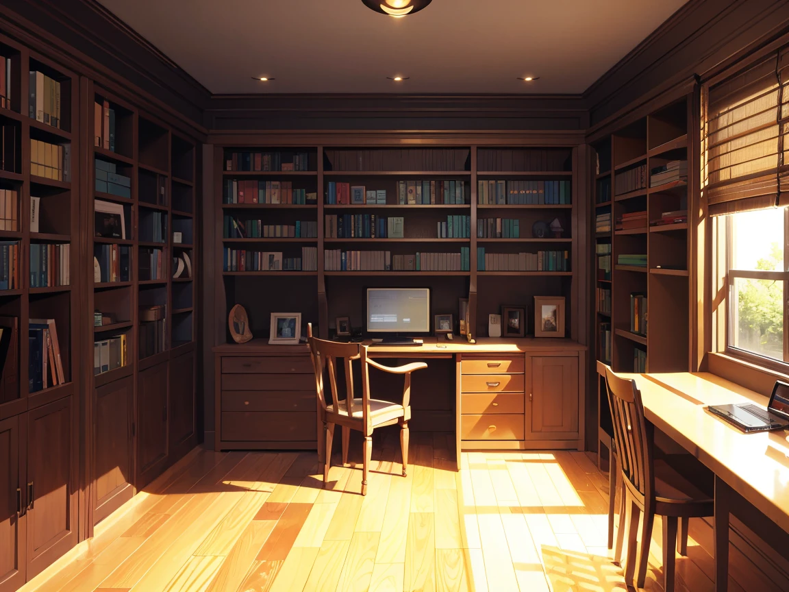 A narrow and dark study、A wall completely covered with bookshelves、desk with a computer、No people