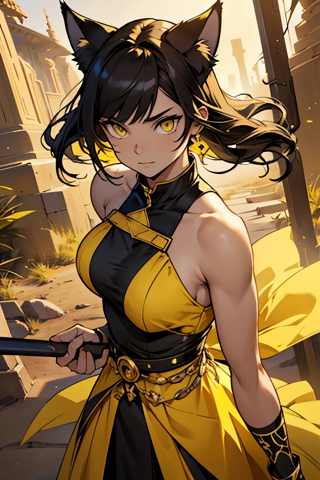 Create a female character, Hybrid, half human half cat, with serene, yellow feline eyes, big boobies, dark hair with yellow effects, a dress fitted with black and yellow colored equipment, black and yellow stripes on the dress holding a staff that has the symbol of a cat on it amidst desert temples. アニメ/digitl art