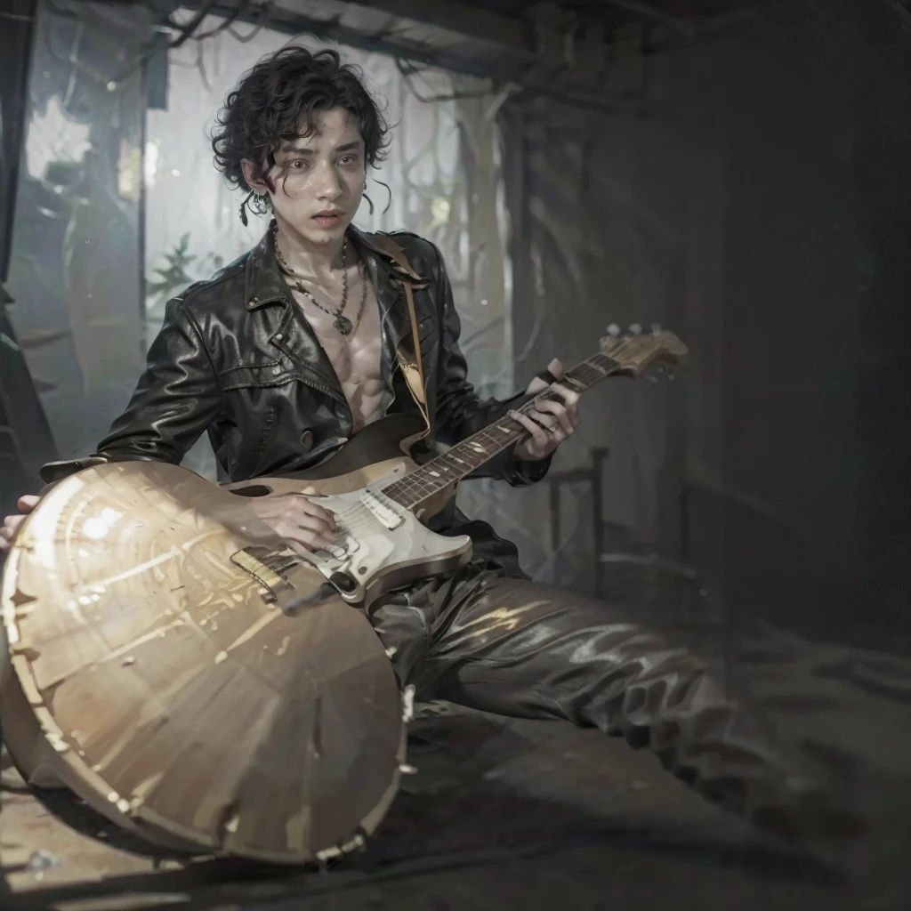 (Best Quality, Masterpiece:1.2), ultra high resolution, realist, side lighting, intricate detail, Exquisite details and textures, 1 man, Alone ,(YOUNG), full body, playing a guitar, curly black hair, looking to the horizon, (hollow pattern, White, that), golden earrings, muscular body with tattoos, in a dark and dimly lit bar, dressed in a black trench coat, Photon mapping, physically based rendering,