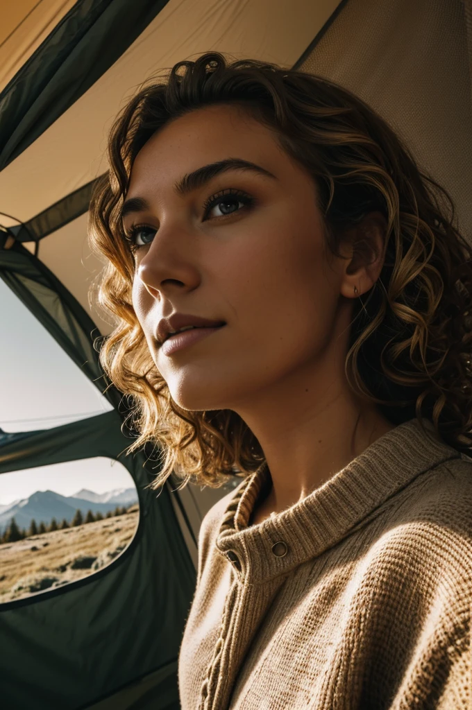 1 woman, American, beautiful, ((upper body selfie, happy)), Filming in a tent, Beautiful backlight, Tent Open Sign,Masterpiece, Best Quality, Ultra-detailed, Solo, exteriors, (natta), mountains, Nature, (sao, the moon) cheerful, happy,, Cosy in a sleeping bag, Inside the tent, When you open the tent, You can see some nice horsemen outside.., woods, rock formations, rivers, wood, smoke, shadowy, contrast, clear skies, analog style (looking up at viewer:1.2) (skin texture) (film grain:1.3), (warm hue, warm tone:1.2), close-up, Cinematic light, Sidelighting, The ultra-Highres, best shadows, ..raw, upper half body, wearing pullover, Relaxed and intimate photos, blonde curly hair