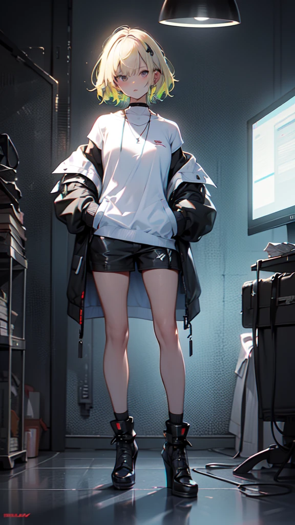 1girl, solo, animal ears, blue hair, sitting, short hair, white background, jacket, choker, red eyes, looking at viewer, shoes, bangs, blunt bangs, shorts, full body, closed mouth, bare shoulders, animal ear fluff<hypernet:gris:0.95>