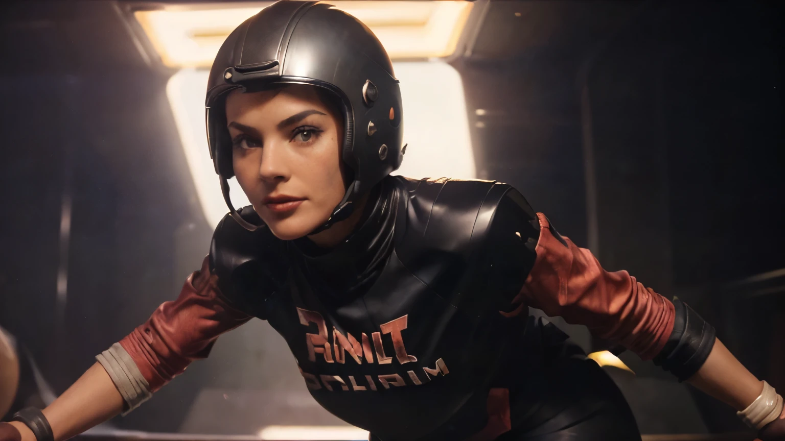 (Screen grab of 1950's Super Panavision 70 movie, best quality, masterpiece: 1.2), ((Emma D'Arcy)) over-detailed, soft lighting, high quality, film grain , cinematic lighting, brightness, ( 80s style Aggressive Female villain wearing in a rollerball arena), over-detailed face, , (( dressed iin a short football shirt, mid-rift showing, ), (((over-detailed clothing))), ((( black and red Gortex amour )), (((rollerball helmet))), action (dynamic) (((Retro in color))), (((perfect anatomy))), beautiful body, voluptuous, perky breast Blade Runner, ((Super Panavision 70))