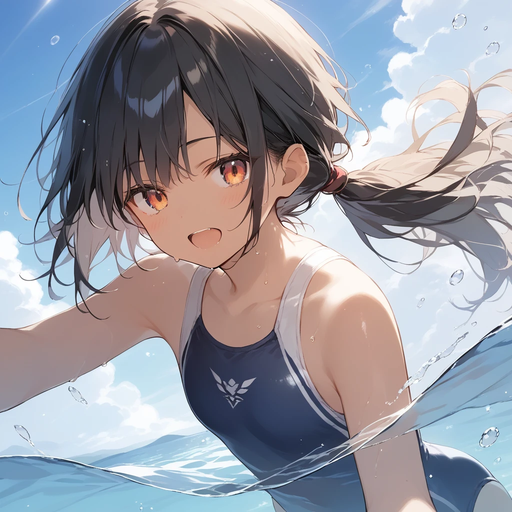 score_9, score_8_up, score_7_up, source_anime, best quality, masterpiece, official art, absurdres, highres, ultra-detailed,waifu2x,Collection: Slice of Life,break,1girl, tomboy, dark-skinned female, short hair, low ponytail, flat chest, beautiful detailed eyes, swimsuit, sweat, open mouth, (yawn:0.3), sleepily, swimming, outdoors, wind, break,(clear line illustration:1.2),very high resolution, very aesthetic, super detailed skin, Best sexual lighting powered by famous artist, 8k,cute picture,beauty illustration,photoshop_(medium),,(Detailed Lighting),best anime 8k konachan wallpaper, pixiv contest winner,