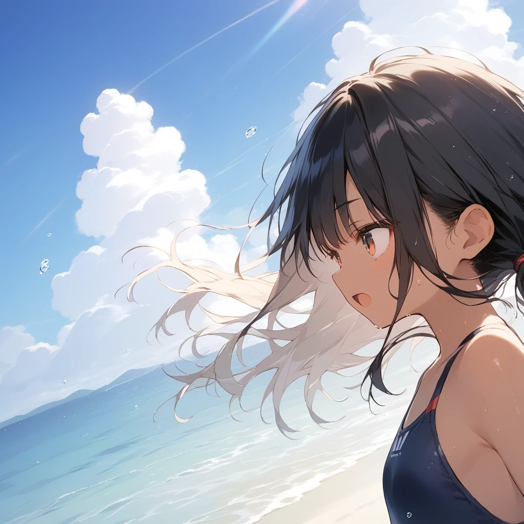 score_9, score_8_up, score_7_up, source_anime, best quality, masterpiece, official art, absurdres, highres, ultra-detailed,waifu2x,Collection: Slice of Life,break,1girl, tomboy, dark-skinned female, short hair, low ponytail, flat chest, beautiful detailed eyes, swimsuit, sweat, open mouth, (yawn:0.3), sleepily, swimming, outdoors, wind, break,(clear line illustration:1.2),very high resolution, very aesthetic, super detailed skin, Best sexual lighting powered by famous artist, 8k,cute picture,beauty illustration,photoshop_(medium),,(Detailed Lighting),best anime 8k konachan wallpaper, pixiv contest winner, 