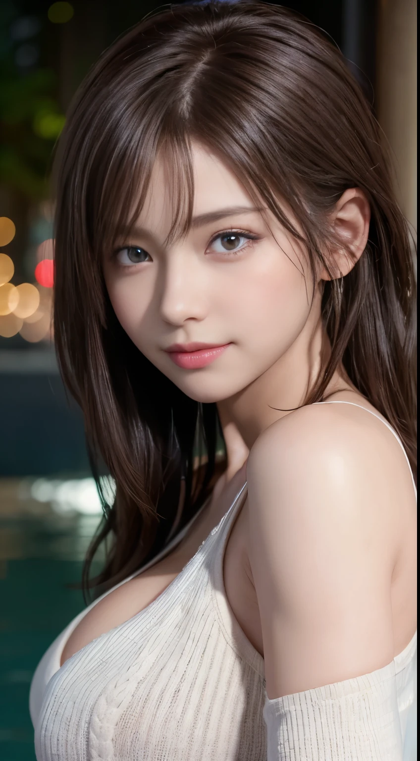 (logo, masterpiece, 8K, Tabletop, RAW Photos, wonderful, 最high quality, Photorealistic and very detailed CG composite 8k wallpaper, high quality, Very detailed, Narrative poem, Particle Effects, Dynamic Effects, Depth of the Boundary, Cinematic Light, Lens flare, Ray Tracing), short hair beautiful young woman, Hair tied back, high detail skin, very fine, fine skin texture, beautiful face, realistic eyes, beautifully detailed eyes, realistic skin, beautiful skin, surreal, smiling eyes, Hair and light eyes, Vibrant, Colorful lights and bokeh. The lighting casts a warm glow on her face and hair, Blue glow, Water surface reflection, Creates a dreamy and magical atmosphere, Big Breasts, Brown Hair, short hair, plump lower lip, pink blush on the cheeks , pink lips, brown tight no-shoulder knit sweater