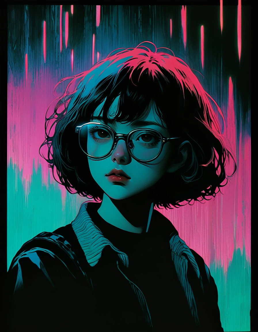 illust、art、from 80s horror movie, directed by Junji Ito、Short-haired girl with glasses、darkness、Darkness、、nightmare、anxiety、high detail, realsitic shadow、Analog style, vhs style, 8mm film, chromatic aberration, Dvd screengrab、Surrealism