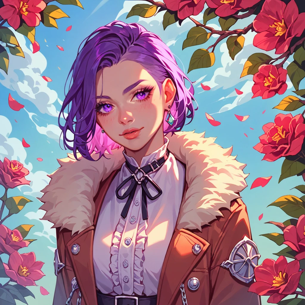 A girl with violet eyes, short violet hair, and a white tuft on her forehead between her eyes
Her hairstyle is wolf cut. She wears a coat with a blouse that covers the neck