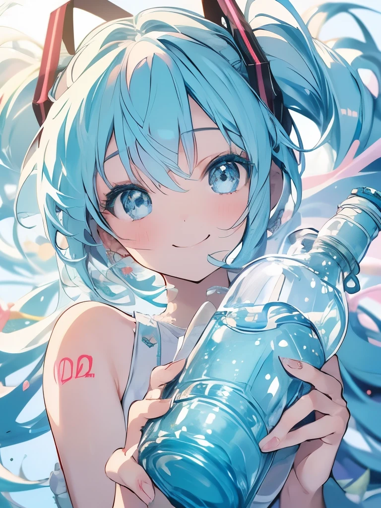 masterpiece、Hatsune Miku、Light blue hair、Long Hair、The wind is blowing、Sparkling eyes、smile、(((Holding a plastic bottle)))、Upper Body