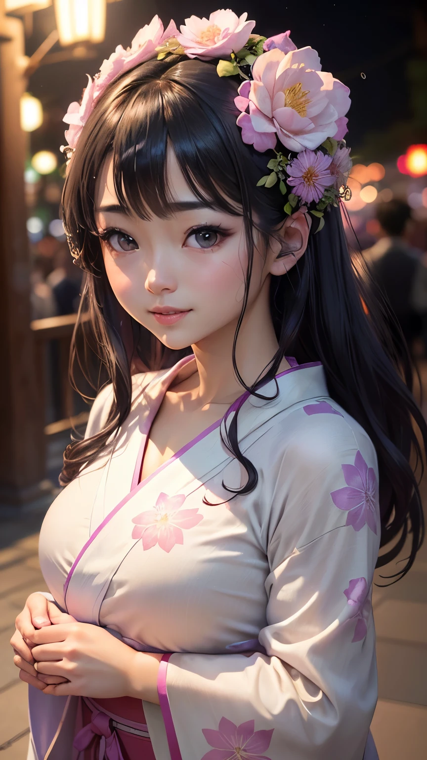 (logo、masterpiece、8K、Tabletop、RAW Photos、wonderful、最high quality、フォトリアリスティックでVery detailedな CG 複合 8K 壁紙、high quality、Very detailed、Narrative poem、Particle Effects、Dynamic Effects、Depth of the Boundary、Cinematic Light、Lens flare、Ray Tracing）、 (One beautiful woman wearing a yukata、White yukata、Light purple pattern)、Black-haired、High definition skin、Very fine、Fine skin texture、Beautiful Face、True Face、Beautiful details in the eyes、Realistic eyes、Beautifully detailed eyes、Realistic Skin、Beautiful Skin、Surreal、Smiling Eyes、Hair and light eyes、vivid、Colorful lights and bokeh、plump lower lip、Pink Lips、Hair flutters in Wind、Hair bounces、wonderful景色、night、evening、Wind、moonlight、moonlight、light