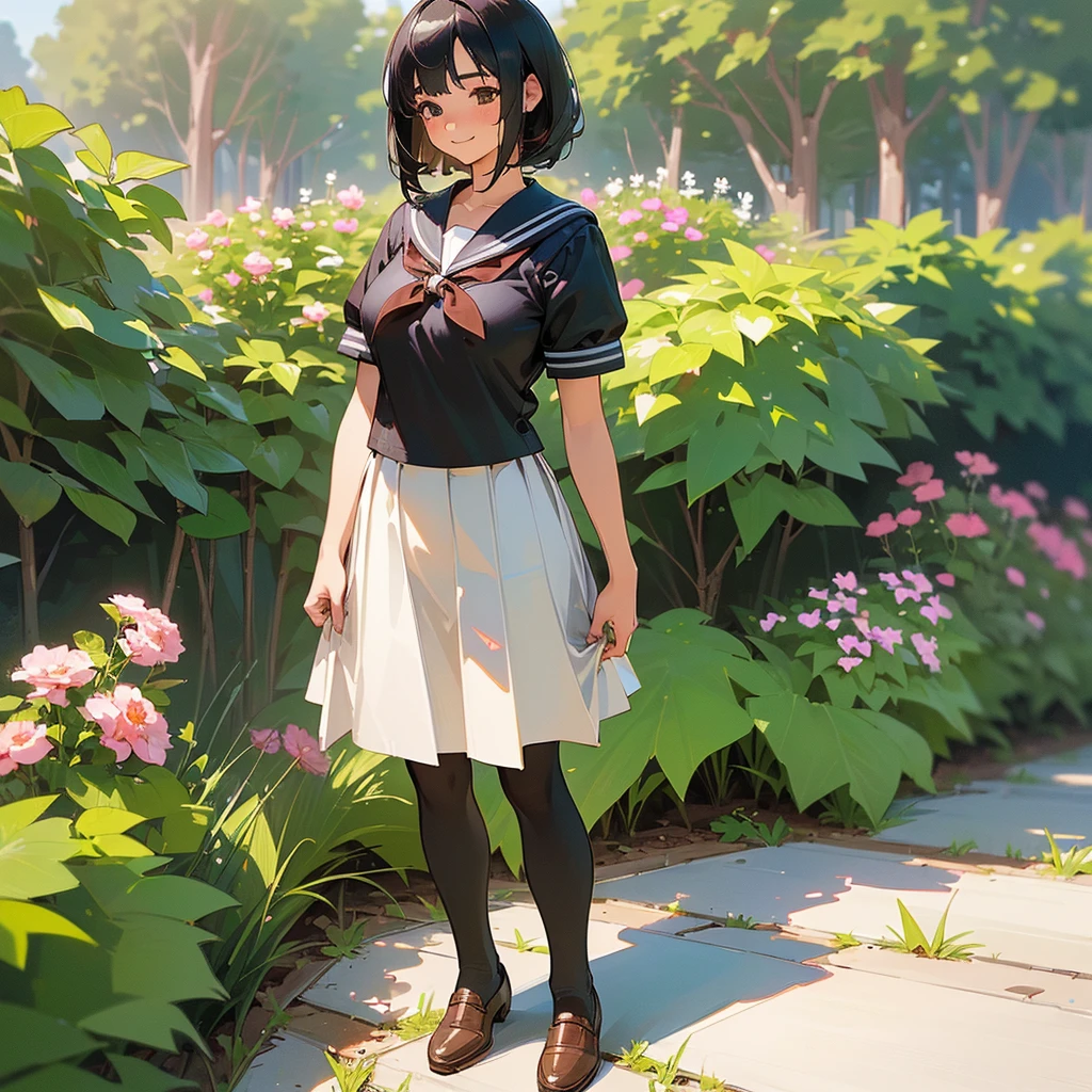 (Highest quality, High resolution, Super detailed, Realistic:1.37), Peaceful atmosphere, (Outdoor, garden), age girl standing alone,(my breasts are big.),Beautifully detailed features, Cute Smile, ((Black bob hair)),Short-sleeved sailor uniform, Pleated skirt,Black tights,Brown leather shoes.