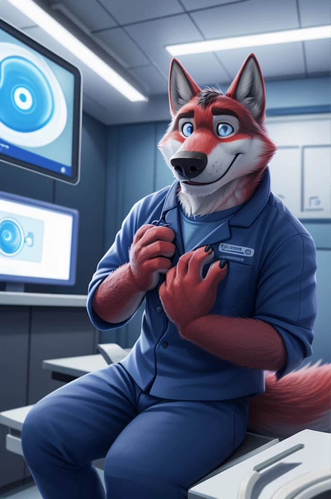 Ivan Fedorovich Wolfbach (Novosibirsk) ,tall handsome, wolf,young, 24 years, brown fur,Kind,(red body:1.3),beautiful blue eyes,Novosibirsk,dressed,medical suit,pants, ophthalmologist, canine, wolf, detailed fur, male, second, paw pads, finger claws,At the viewer, 5 fingers, paws, 5 fingers, smile, wrist watch, т nextel,by xenoforge, (difficult, high detail, digital photography, soft focus, RAW,Is going to the shop, ,Very close to the camera, variety,Novosibirsk, smile, good mood, positive, Very close to the camera, medical suit, eye microsurgery, 
Photorealism, realistic, photorealistic, digital style, Subsurface scattering,I look at the viewer,is sitting, operating room, ophthalmologist, 
masterpiece, Best quality, ultra realistic, 8 thousand.)