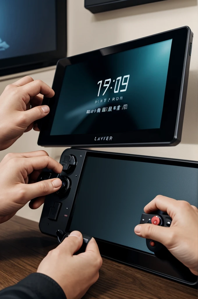 A video game console that has a touch screen that you can see the time, the battery of the controls and the temperature of the console