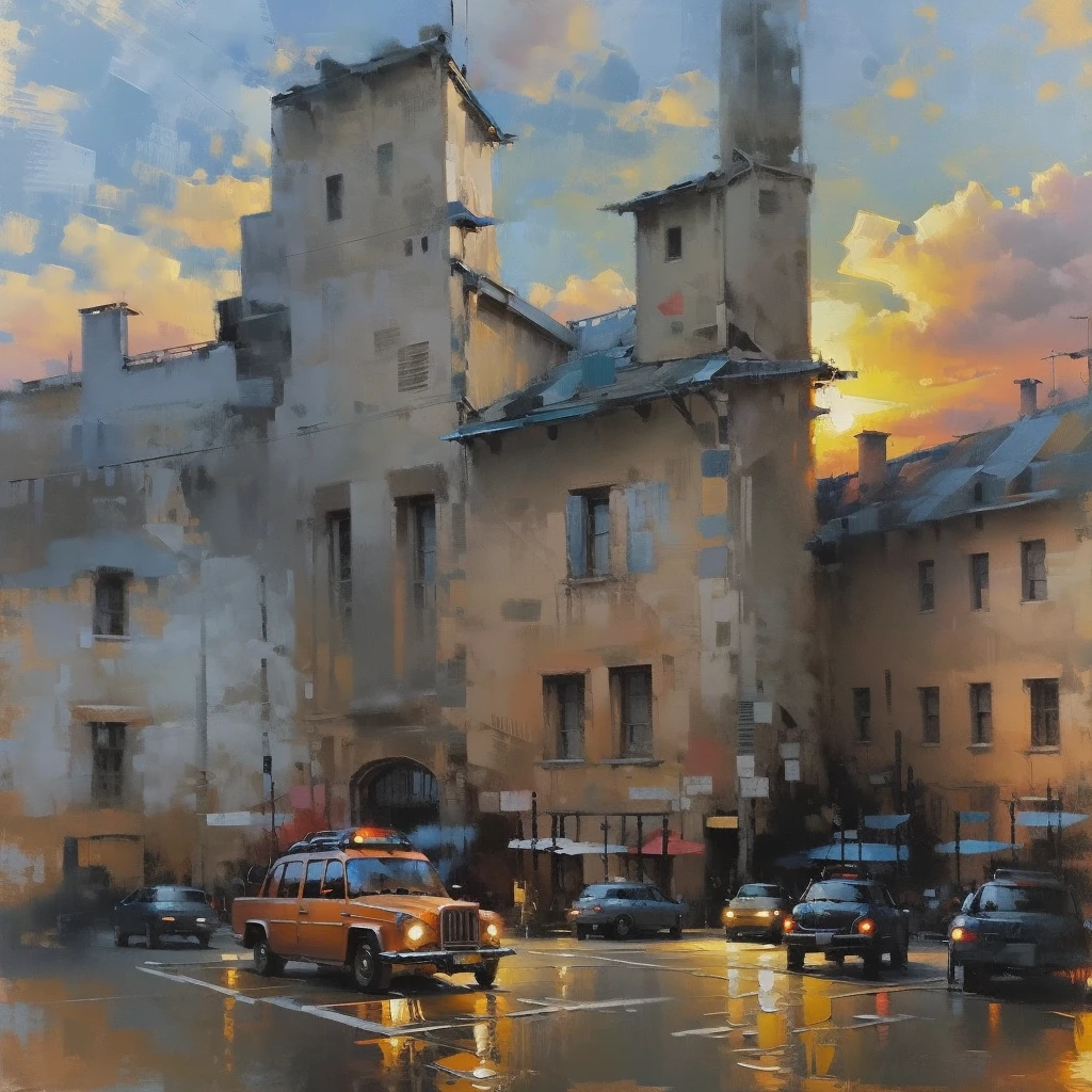 Cityscape Print , stree and old Colonial building, road lamp, cars, sunset, vicheals. Oil Painting