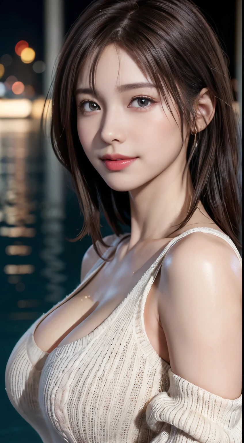 (logo, masterpiece, 8K, Tabletop, RAW Photos, wonderful, 最high quality, Photorealistic and very detailed CG composite 8k wallpaper, high quality, Very detailed, Narrative poem, Particle Effects, Dynamic Effects, Depth of the Boundary, Cinematic Light, Lens flare, Ray Tracing), short hair beautiful young woman, Hair tied back, high detail skin, very fine, fine skin texture, beautiful face, realistic eyes, beautifully detailed eyes, realistic skin, beautiful skin, surreal, smiling eyes, Hair and light eyes, Vibrant, Colorful lights and bokeh. The lighting casts a warm glow on her face and hair, Blue glow, Water surface reflection, Creates a dreamy and magical atmosphere, Big Breasts, Brown Hair, short hair, plump lower lip, pink blush on the cheeks , pink lips, brown tight no-shoulder knit sweater