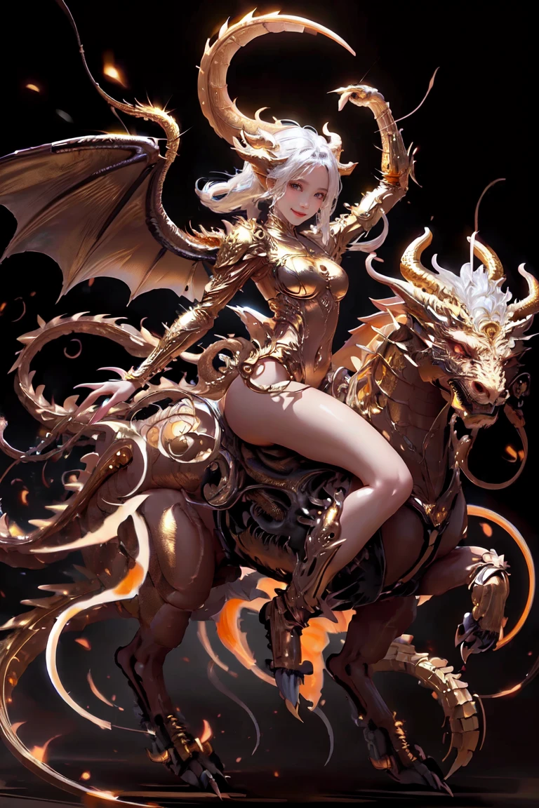golden dragon humanoid sexy girl, movement pose, riding a dragon with wings,