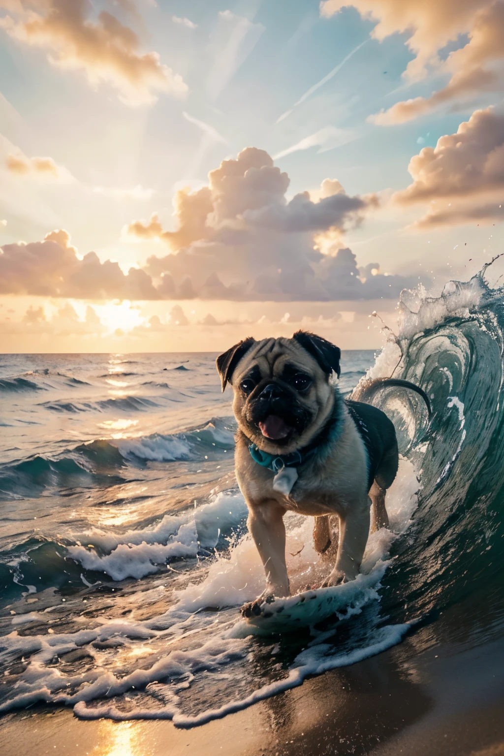 a pug dog surfing on a large wave, beautiful tropical paradise beach, crystal clear turquoise water, white sandy beach, palm trees swaying in the wind, vibrant sunset sky, stunning ocean scenery, (best quality,4k,8k,highres,masterpiece:1.2),ultra-detailed,(realistic,photorealistic,photo-realistic:1.37),extremely detailed fur and facial features,cute pug dog expression,action pose surfing the wave,dynamic wave motion,wet fur and waves splashing,warm tropical colors,golden hour lighting,cinematic composition