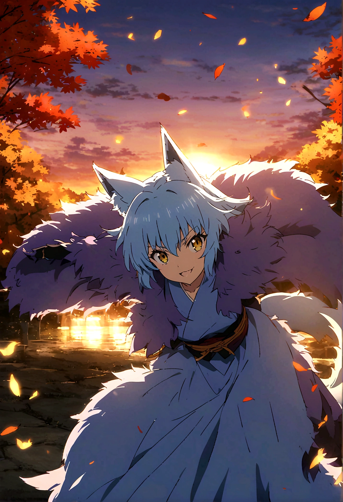 fox Light blue hair beast girl indigo fur fox beast girl fox Light blue hair beast girl indigo fur fox beast girl Sesshomaru, Yellow eyes, Anime, Perfect face, Perfect Lighting, Outdoors, Warm colors, Dark purple sky, Autumn sunset, \(inuyasha\), Bearing Claw, Ready to fightPerfect Lighting, Outdoors, Warm colors, Dark purple sky, Autumn sunset, fox Light blue hair beast girl indigo fur fox beast girl