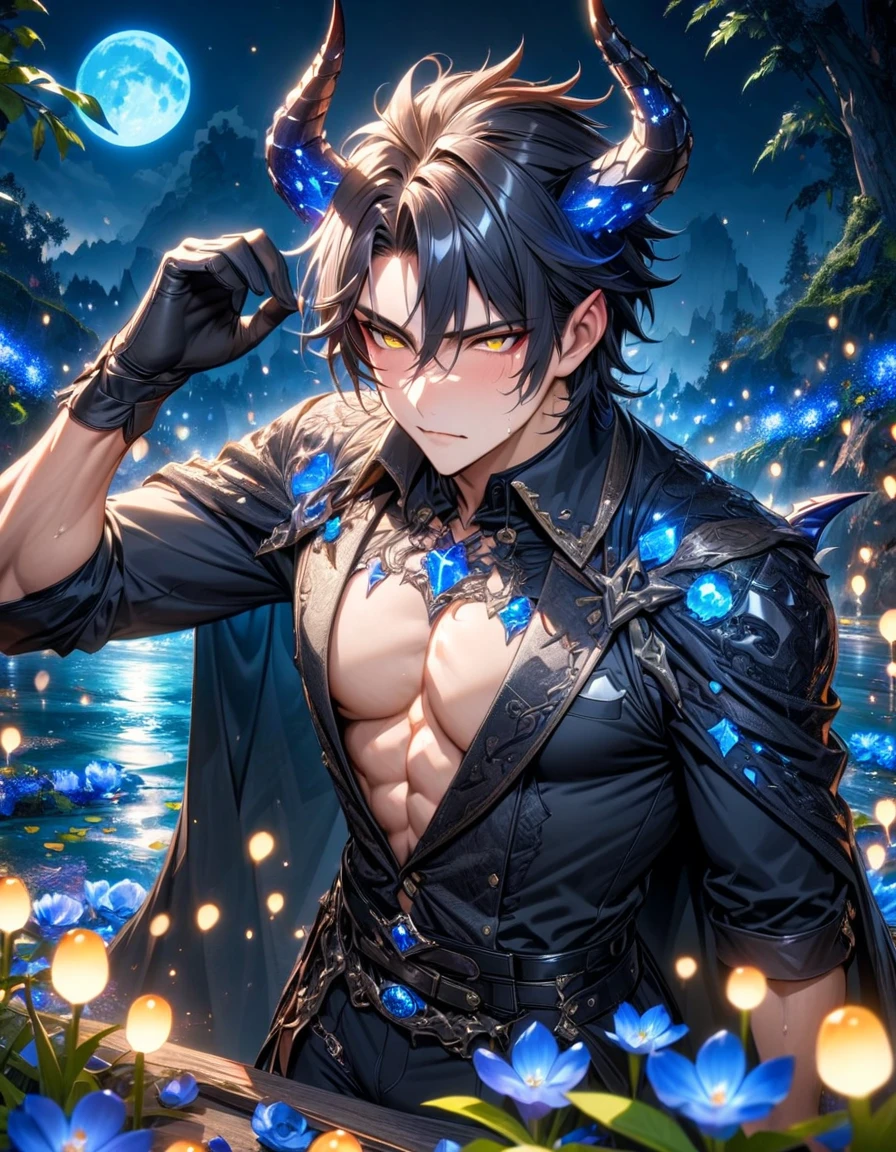 absurdres, highres, ultra detailed, HDR, master piece, Yuden, spiked black hair, expressive yellow eyes, black vest, Demon Fantasy, sexy man, handsome, best quality, blue moon, flowers, fantasy, magical, solo, black coat, water, blue shining fireflies, black cape, black gloves, black tight shirt, blue petals, demon black horns, toned chest