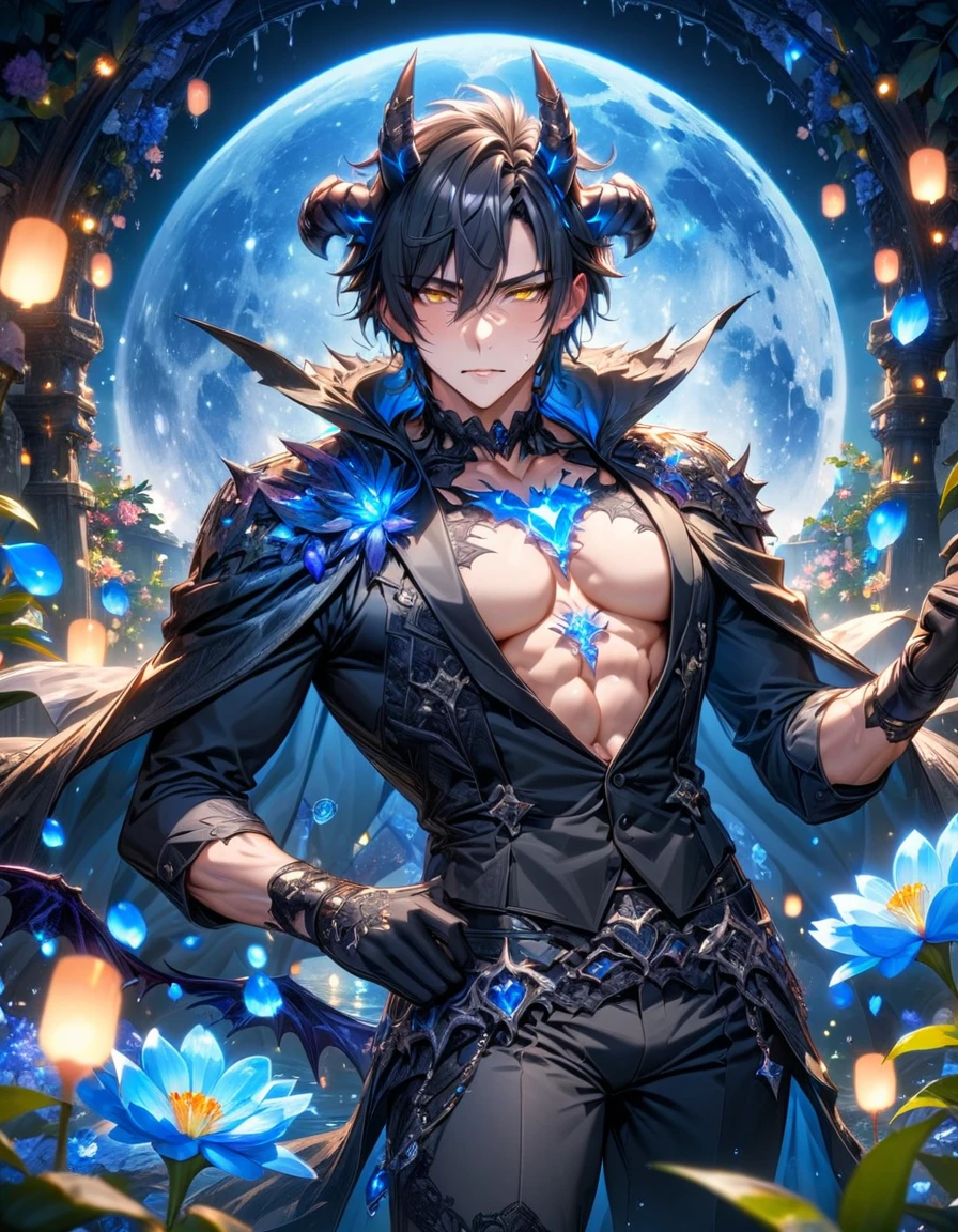 absurdres, highres, ultra detailed, HDR, master piece, Yuden, spiked black hair, expressive yellow eyes, black vest, Demon Fantasy, sexy man, handsome, best quality, blue moon, flowers, fantasy, magical, solo, black coat, water, blue shining fireflies, black cape, black gloves, black tight shirt, blue petals, demon black horns, toned chest