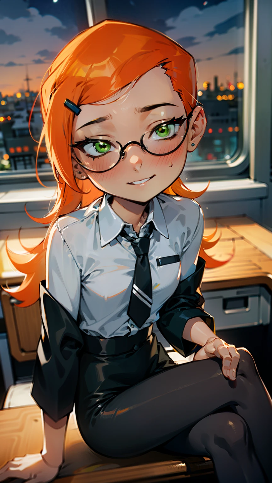 (Masterpiece), Best Quality, ultra-detailed, 1girl (Gwendolyn_Tennyson, Slender and sexy body, lovely small breasts, orange hair, long wave hair, green eyes, half-closed eyes, spectacles), a come-hither face, smirk , parted lips, nose blush, blush, facing viewer, looking at viewer, solo, business suits, black jacket, white y-shirts(buttons), necktie, tight skirt, black pantyhose, in the classroom, night time, , sitting, sitting on desk, crossed legs, come-on, lure,, Sexy waist teasing, undressing ,