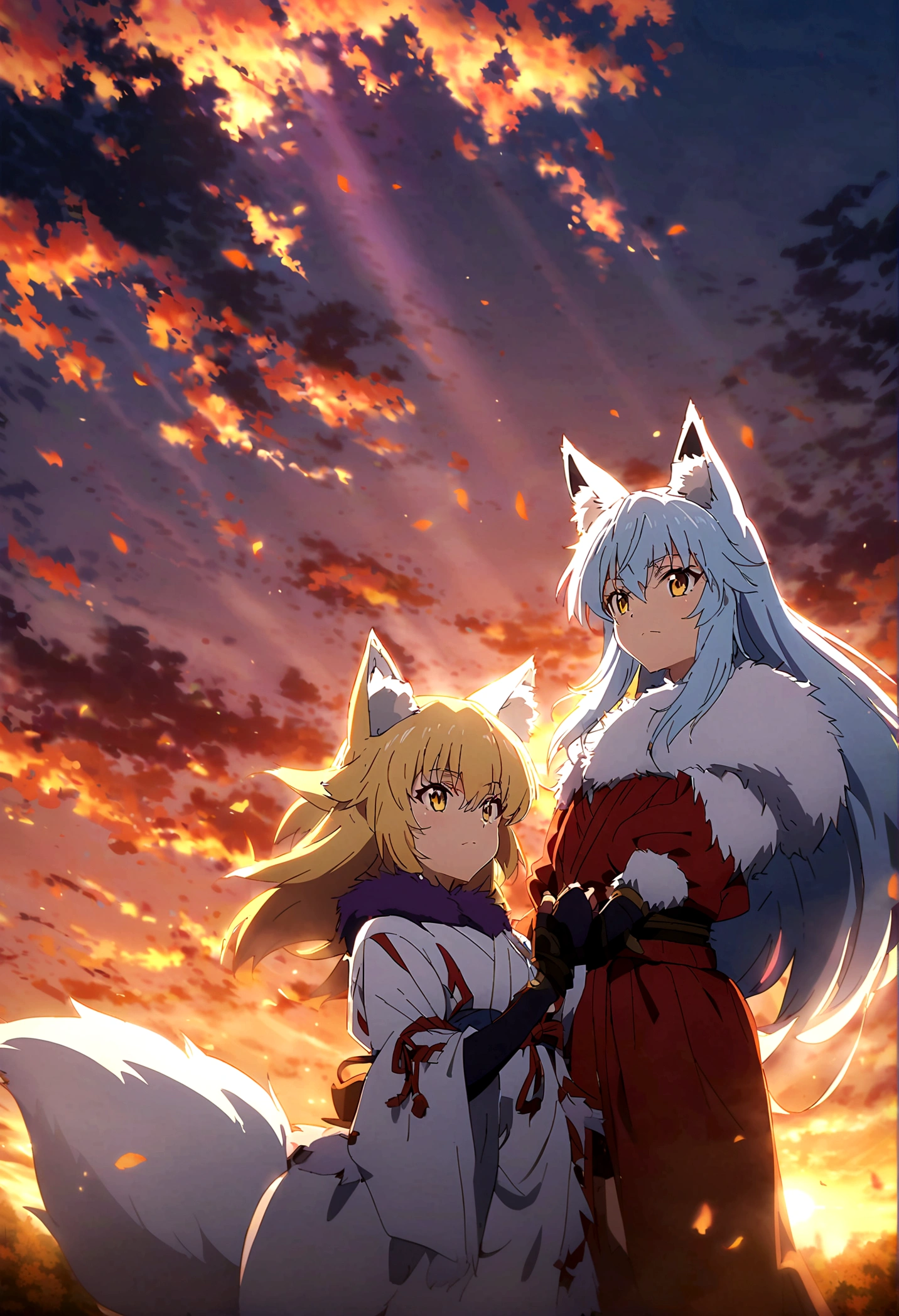 fox Light blue hair 　beast girl　indigo fur　fox beast girl　fox Light blue hair 　beast girl　indigo fur　fox beast girl　Sesshomaru, Yellow eyes, Anime, Perfect face, Perfect Lighting, Outdoors, Warm colors, Dark purple sky, Autumn sunset, \(inuyasha\), Bearing Claw, Ready to fightPerfect Lighting, Outdoors, Warm colors, Dark purple sky, Autumn sunset, fox Light blue hair 　beast girl　indigo fur　fox beast girl