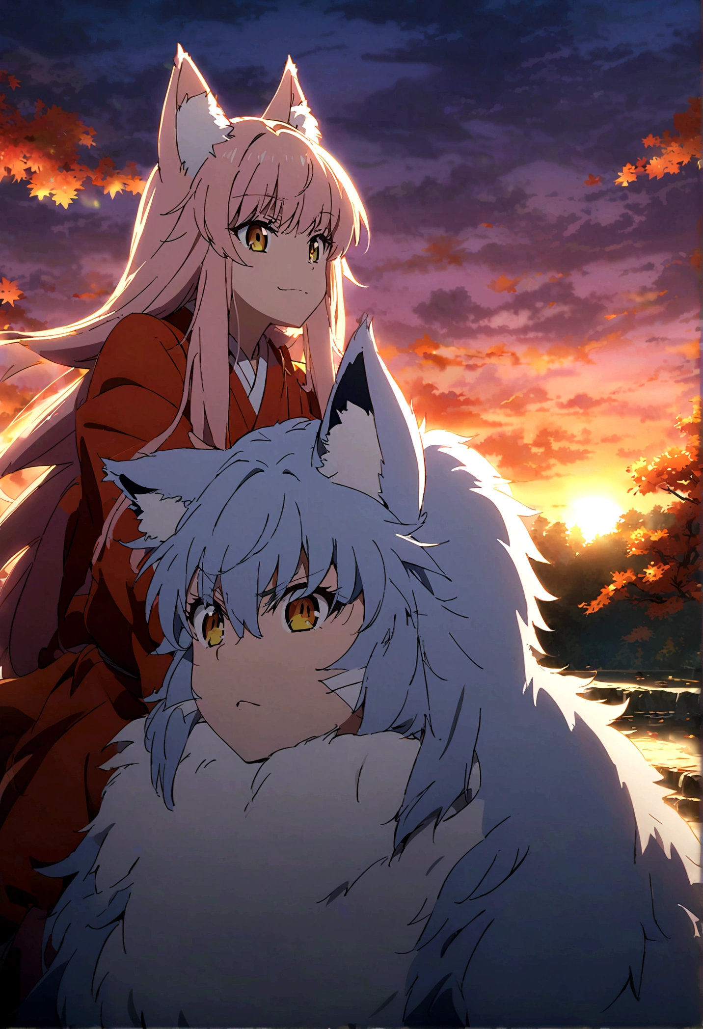 fox Light blue hair 　beast girl　indigo fur　fox beast girl　fox Light blue hair 　beast girl　indigo fur　fox beast girl　Sesshomaru, Yellow eyes, Anime, Perfect face, Perfect Lighting, Outdoors, Warm colors, Dark purple sky, Autumn sunset, \(inuyasha\), Bearing Claw, Ready to fightPerfect Lighting, Outdoors, Warm colors, Dark purple sky, Autumn sunset, fox Light blue hair 　beast girl　indigo fur　fox beast girl