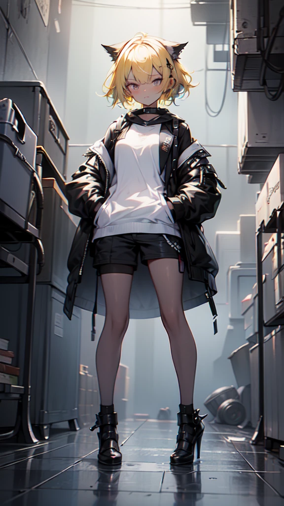 1 girl, short yellow hair, cyberpunk, Alice in Wonderland, black high heels, hand in pocket, best quality, 4k, 8k, highres, masterpiece:1.2, ultra-detailed, realistic, photorealistic, photo-realistic:1.37, HDR, UHD, studio lighting, ultra-fine painting, sharp focus, physically-based rendering, extreme detail description, professional, vivid colors, bokeh, concept art