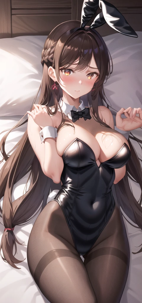 masterpiece, beste-Qualit, large resolution,((highly detaile)),1girl, chizuru, 1girl, solo, soft lighting, volumetric lighting, intricate details, finely detailed, long_hair, breasts, looking_at_viewer, blushing face, shy expression, bangs, medium_breasts, brown_hair, black_hair, brown_eyes, earings, full_body, braid, lying on the bed, at night, mostly cloudy sky,(((tmasterpiece),(Very detailed CG unity 8K wallpaper),best qualtiy,cinmatic lighting,detailed back ground,beatiful detailed eyes,(Very fine and beautiful),(Beautiful and detailed eye description),ultra - detailed,tmasterpiece,)),facing at camera,A high resolution,ultra - detailed),wearing: bbunnysuit, fishnet stocking, fake bunny ears, wrist cuffs, bowtie, high hells wet all over body