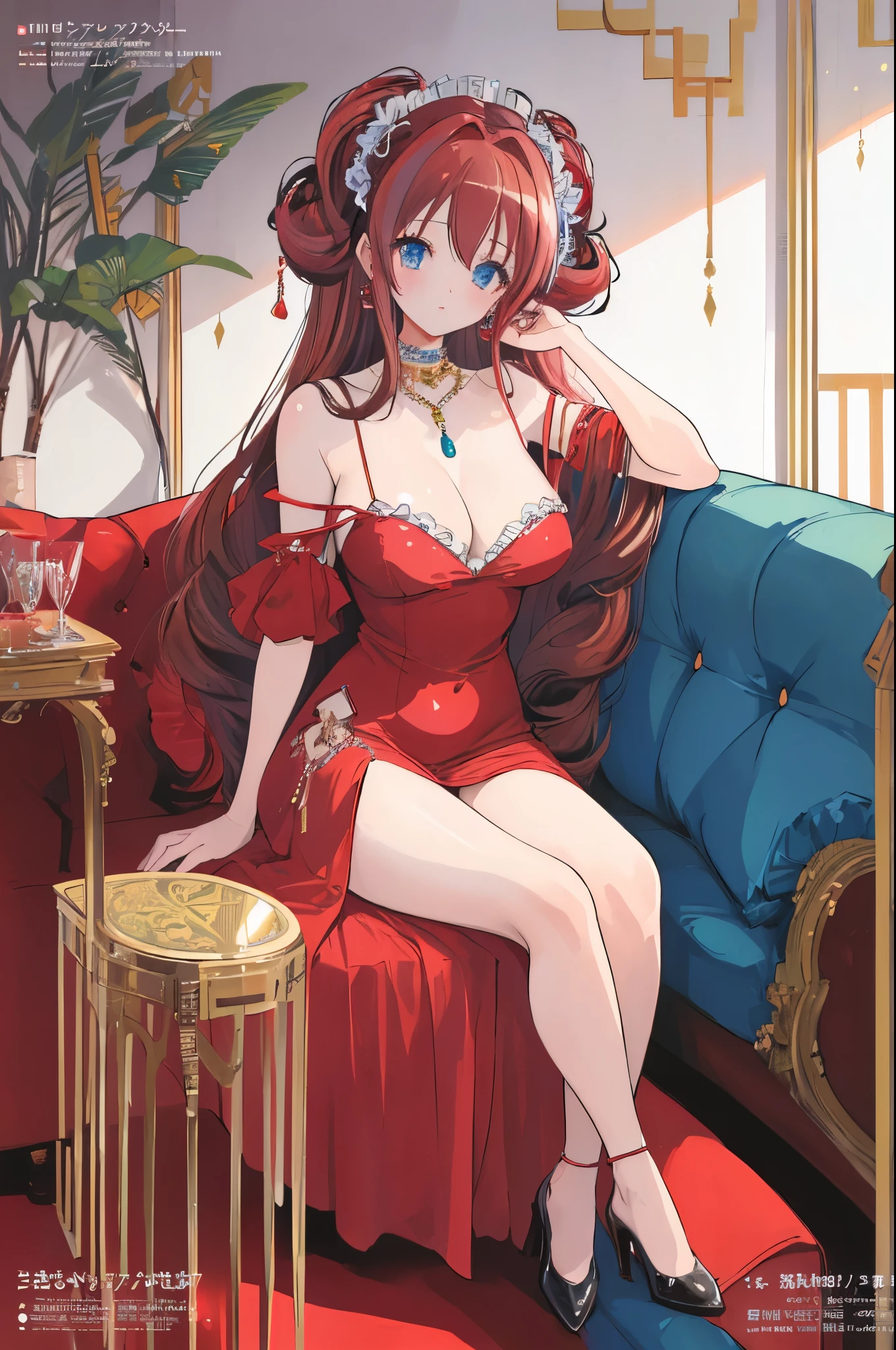 (masterpiece:1.3), best quality, official art, magazine cover, ultra detailed, 1girl, 1980s \(style\), elegant dress, living room, gorgeous, sitting on dar red sofa, long brown curly hair, blue eyes, glasses, jewelry, Adult Only, Erotic Illustration, (art by Kanon Yoshizaki)