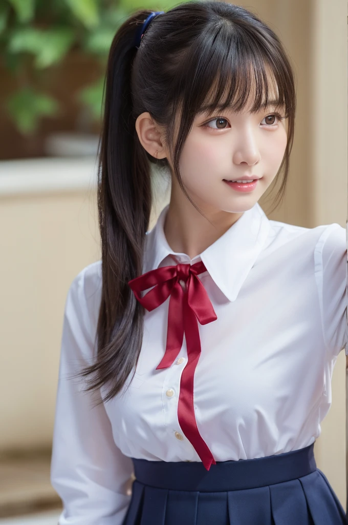 1 Girl, alone, Japanese girl, 14 years old, 、(Highest quality, Realistic, High resolution, 8K, Very detailed, Detailed face, Shiny skin), Japanese , Collared shirt, White shirt, Red ribbon, Black Hair, ragged bangs, ponytail,Gazing into the distance,Navy blue mini skirt、Nice thighs、Are standing,smile、Shooting from the side、