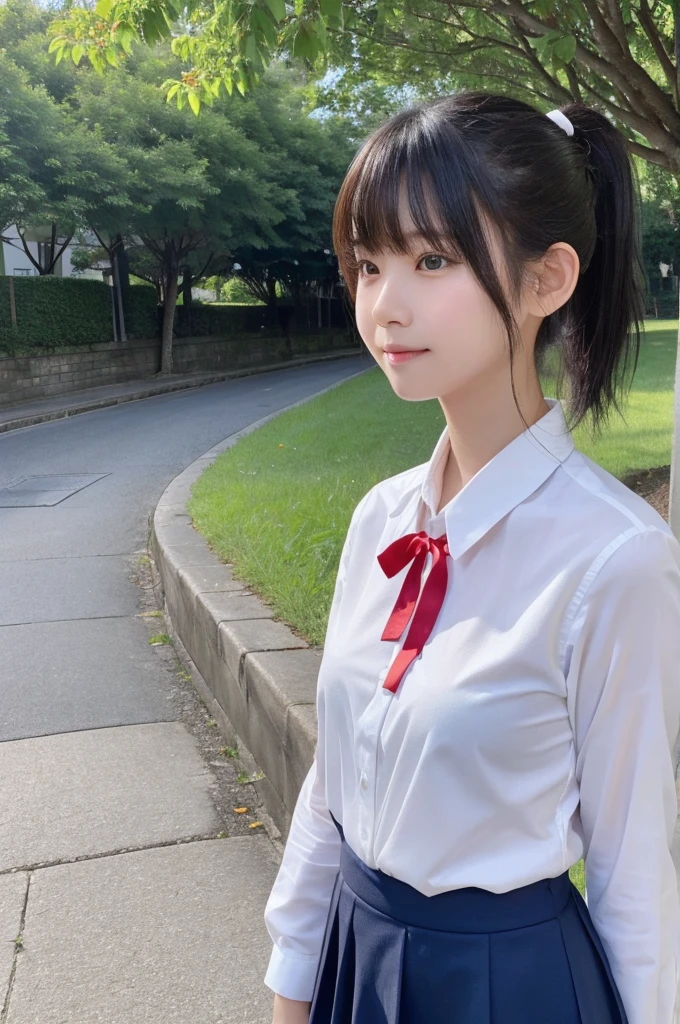 1 Girl, alone, Japanese girl, , 、(Highest quality, Realistic, High resolution, 8K, Very detailed, Detailed face, Shiny skin), Japanese , Collared shirt, White shirt, Red ribbon, Black Hair, ragged bangs, ponytail,Gazing into the distance,Navy blue mini skirt、Nice thighs、Are standing,smile、Shooting from the side、