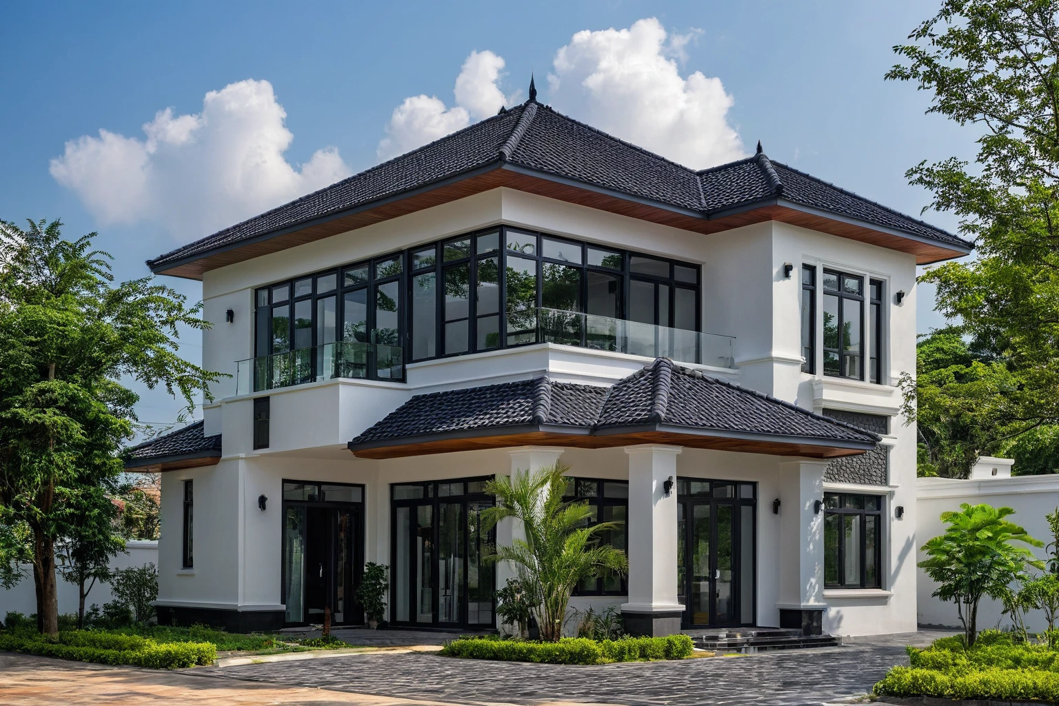 (masterpiece:1.2), best quality, photo of A two-story modern house in VietNam with white walls and dark tiles on the roof., tree and plant environment,daylight, streetcapes, natural light, vivid color, The exterior of an elegant single family home features large windows, a dark gray door frame.