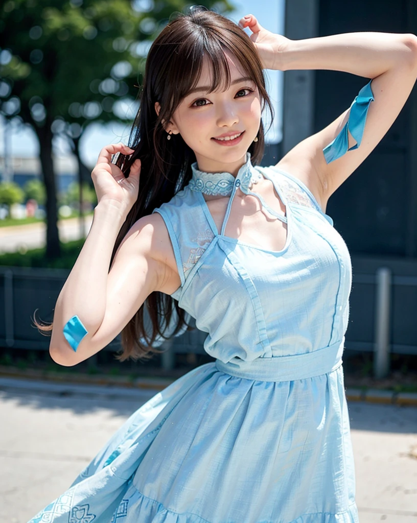 a woman posing on the street corner with light blue dress on, best quality, 1girl, large breasts, day, bright, blur background, bokeh, outdoor, (street:0.8), (people, crowds:1), (lace-trimmed dress:1.5, sleeveless dress, light blue clothes, light blue high-neck dress:1.2, blue dress: 1.5), gorgeous, (short hair, forehead:1.2), beautiful detailed sky, earrings, (dynamic pose:1.2), (upper body:0.8), soft lighting, wind, shiny skin, smile, Tabletop, Highest quality, figure, Super detailed, In detail, High resolution, 8k wallpaper, Perfect dynamic composition, Beautiful attention to detail, Bikini, Medium chest,Please place your hand on your chest