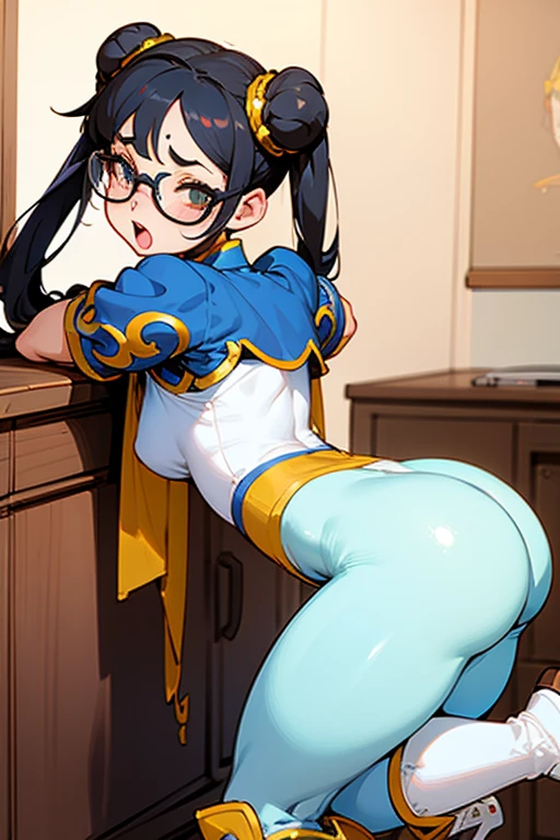 A chubby girl with black hair, freckles and glasses dressed as Chun-Li wearing white boots in her room, sticking out her ass with an ahegao face